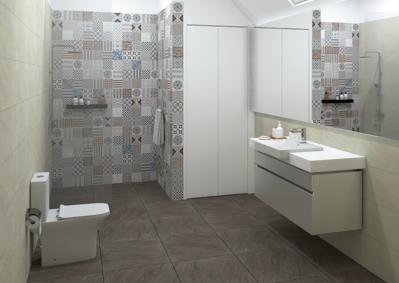 A bathroom with patterned tiles