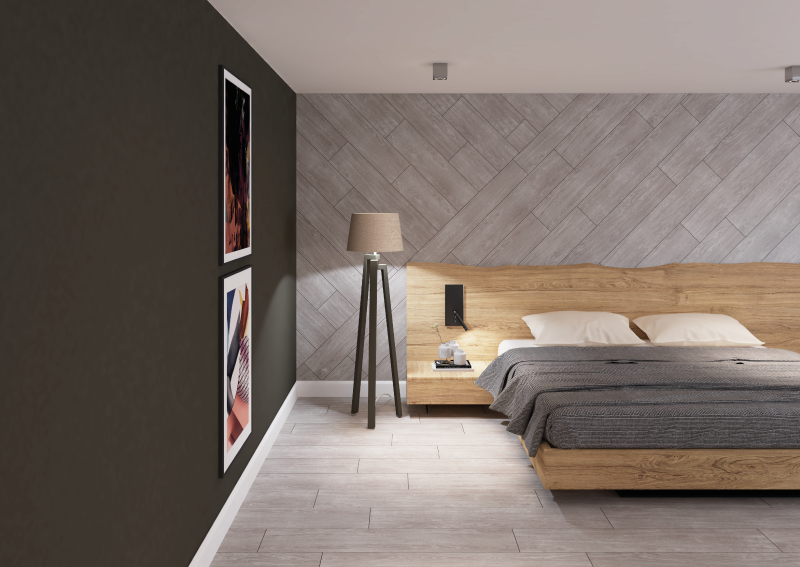 wooden tiles laid diagonally on a bedroom wall